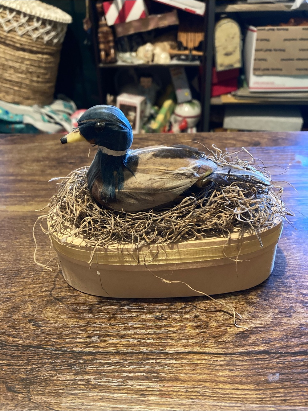 Handmade oval wood box with mallard on top